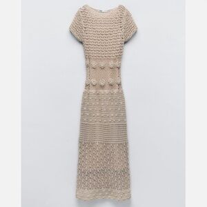 Zara cream sand boho crochet knit short sleeves long dress limited edition NWT